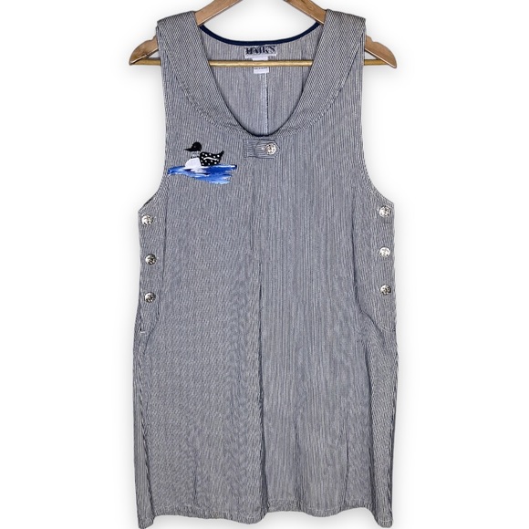 Vintage Striped Nautical Hand Painted Loon Denim Jumper Dress Cottagecore - Picture 1 of 7